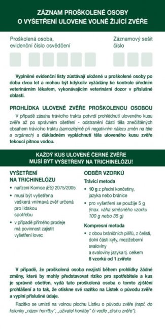 Záznamník proškolené osoby o vyšetření ulovené volně žijící zvěře