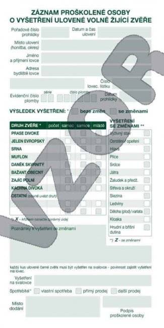 Záznamník proškolené osoby o vyšetření ulovené volně žijící zvěře