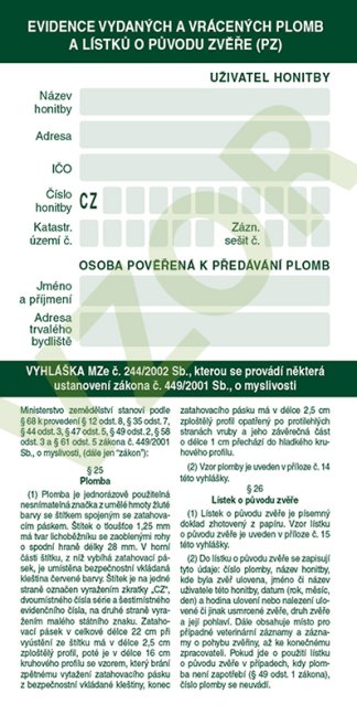 Evidence plomb – Záznamník uživatele honitby