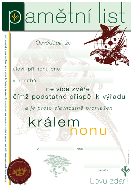 Pamětní list – Král honu – bažant
